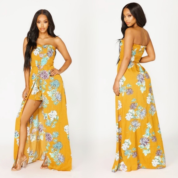 Fashion Nova Dresses & Skirts - Fashion Nova Floral Maxi Mustard Romper